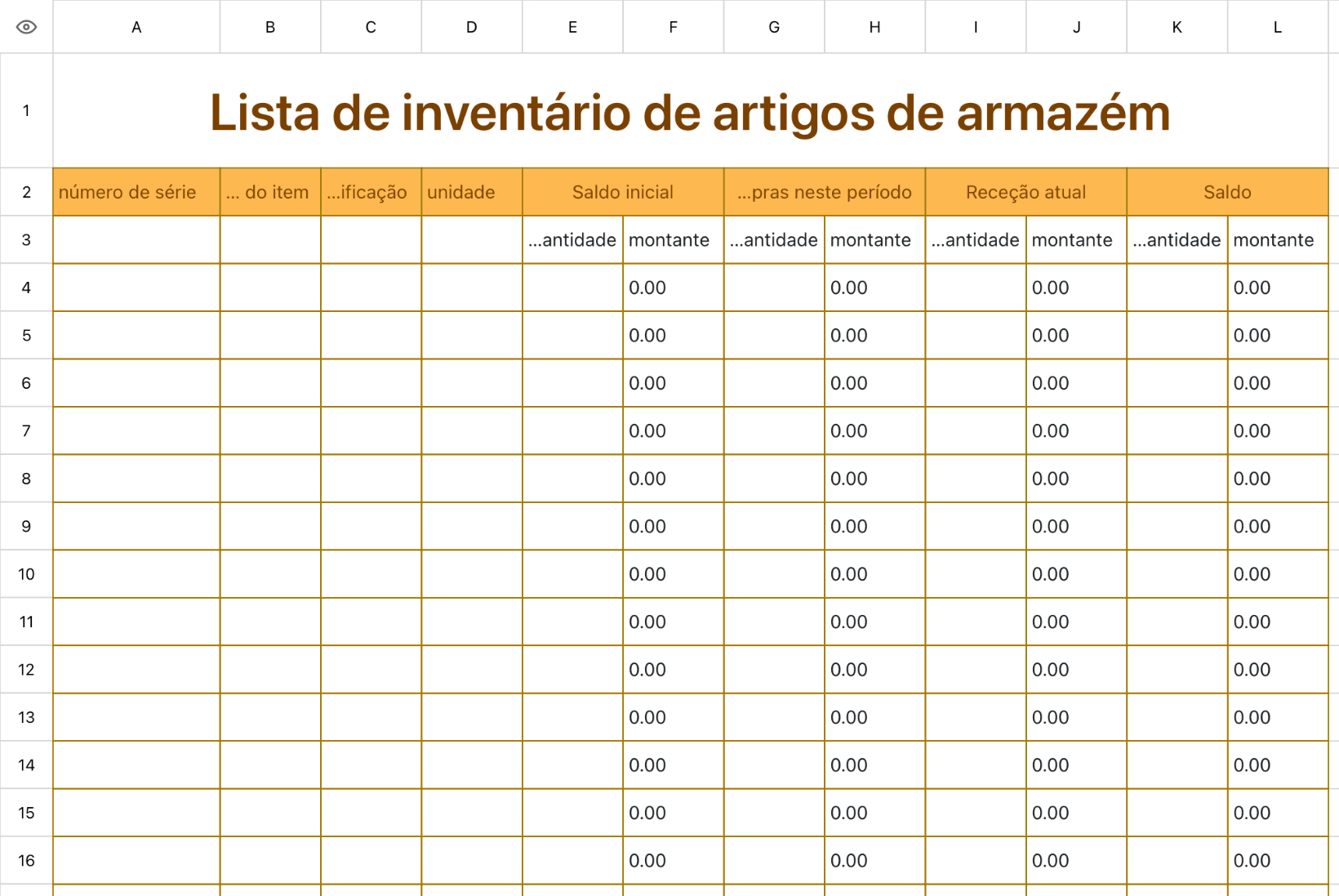 Lista de inventário de artigos de armazém